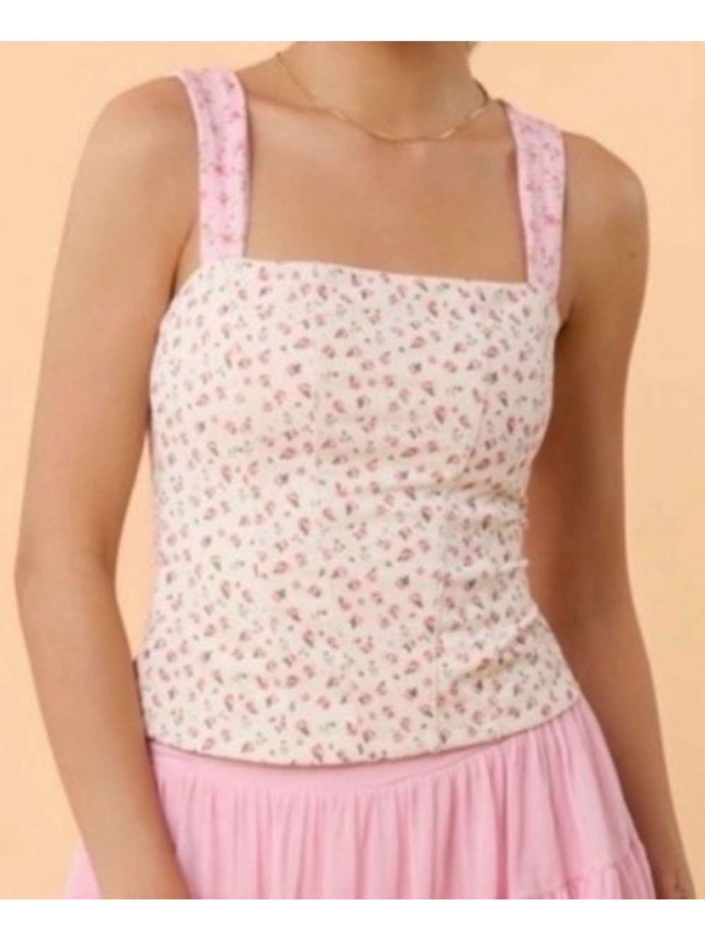 Blogilates White Floral Rose Corset Top With Bows Pink Straps Size S